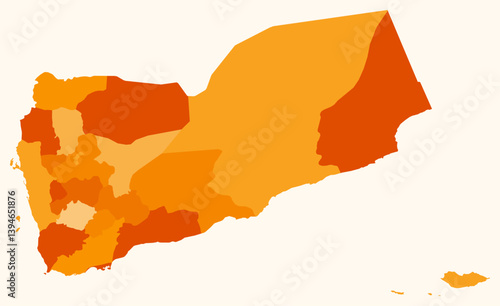 Map of Yemen with regions. Just a simple country border map with region division. Orange color palette. Flat Yemen shape with administrative division. Vector illustration.