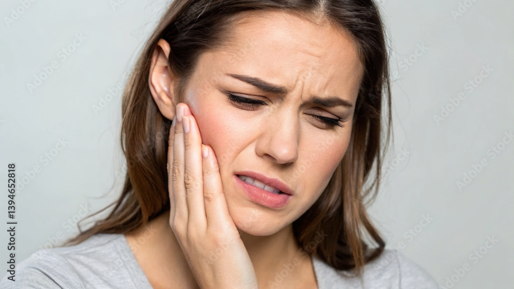 woman experiencing discomfort due to toothache, showing pained expression while holding her jaw woman experiencing discomfort due to toothache, showing pained expression while holding her jaw