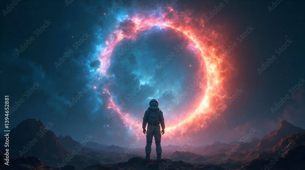 Astronaut on rocky alien landscape with colorful sky portal ideal for interstellar fantasy scenes and space artwork Astronaut on rocky alien landscape with colorful sky portal ideal for interstellar fantasy scenes and space artwork