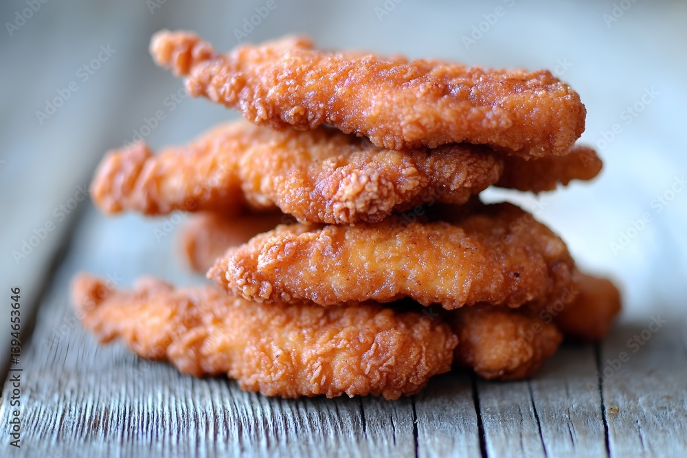 Crispy Breaded Chicken Strips Stack Closeup Crispy Breaded Chicken Strips Stack Closeup