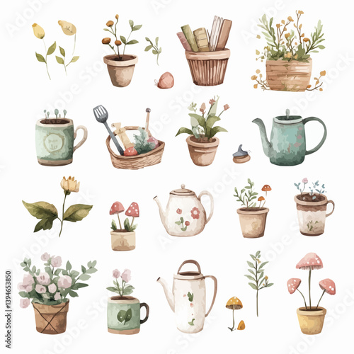 High-resolution set of gardening tools illustrations for a children's book.