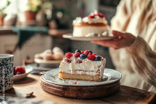 A woman is holding a plate with a slice of cake on it