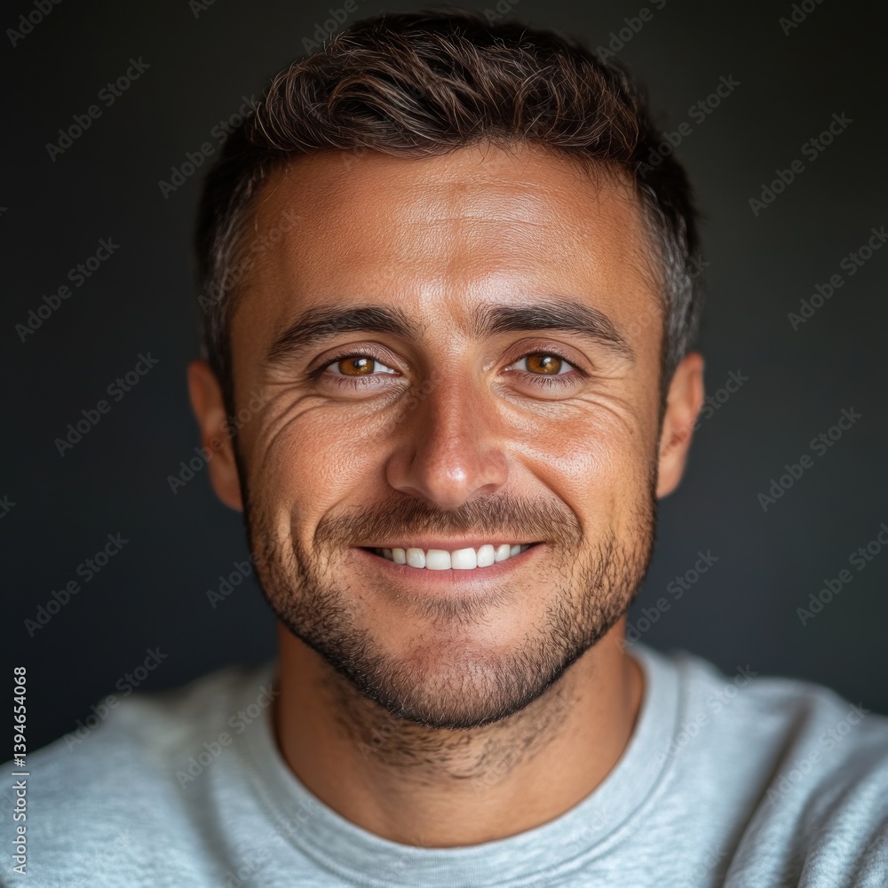 A man with a smile on his face is wearing a gray shirt A man with a smile on his face is wearing a gray shirt