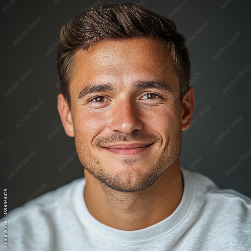 Fototapeta premium A man with a smile on his face is wearing a gray shirt