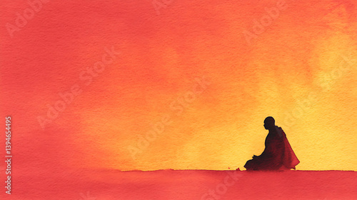 serene watercolor painting of monk in meditation, dressed in saffron orange robes, sitting peacefully against vibrant gradient background of warm red and orange hues