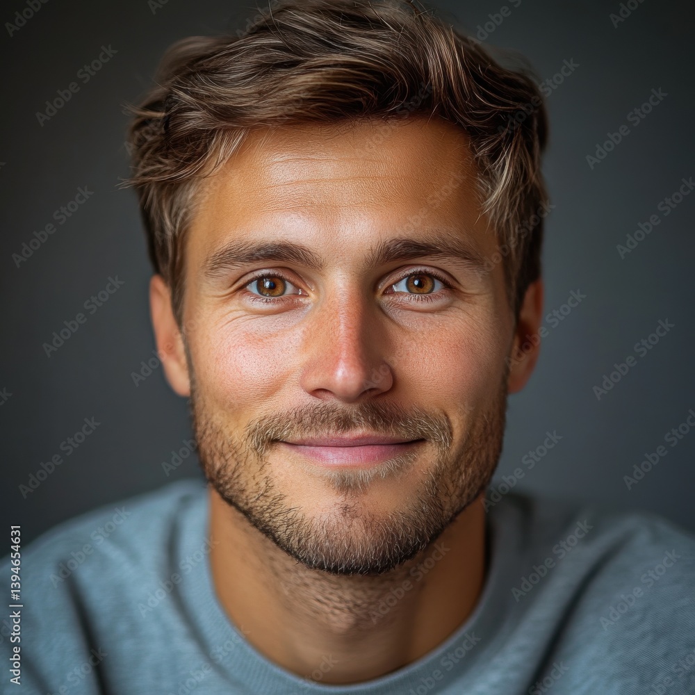A man with a smile on his face is wearing a gray shirt A man with a smile on his face is wearing a gray shirt
