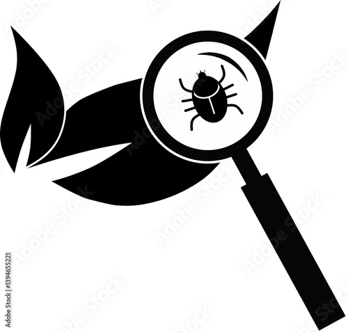 Black vector icon showing a magnifying glass examining insect on leaves, representing plant inspection, analysis, research, or agricultural diagnostics in a clean graphic style. Smart farming element