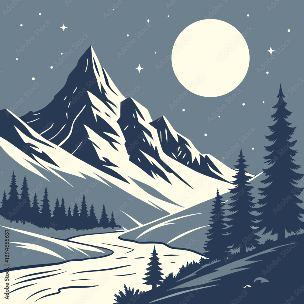 Naklejka premium Winter Landscape With Mountains Serene Snowy Peaks Under Moonlight – Peaceful Winter Mountain Landscape Vector Art