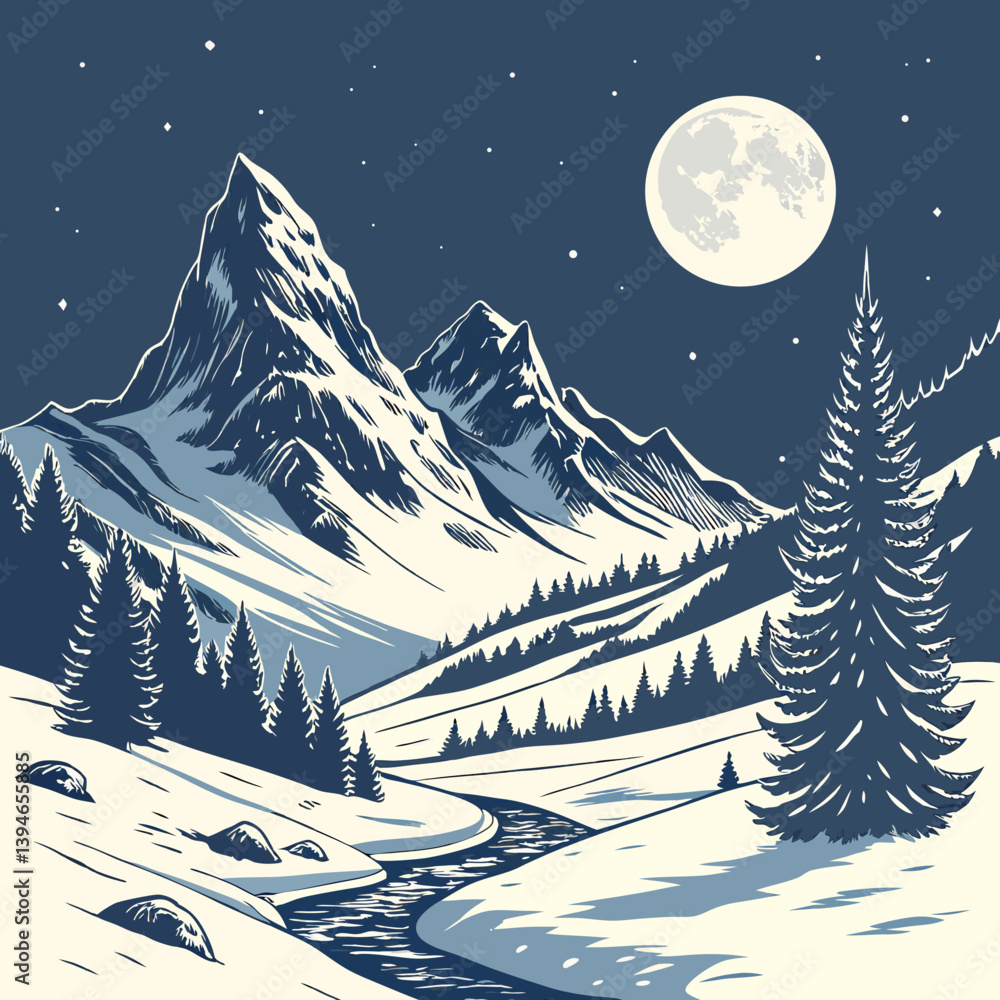 Obraz premium Winter Landscape With Mountains Serene Snowy Peaks Under Moonlight – Peaceful Winter Mountain Landscape Vector Art