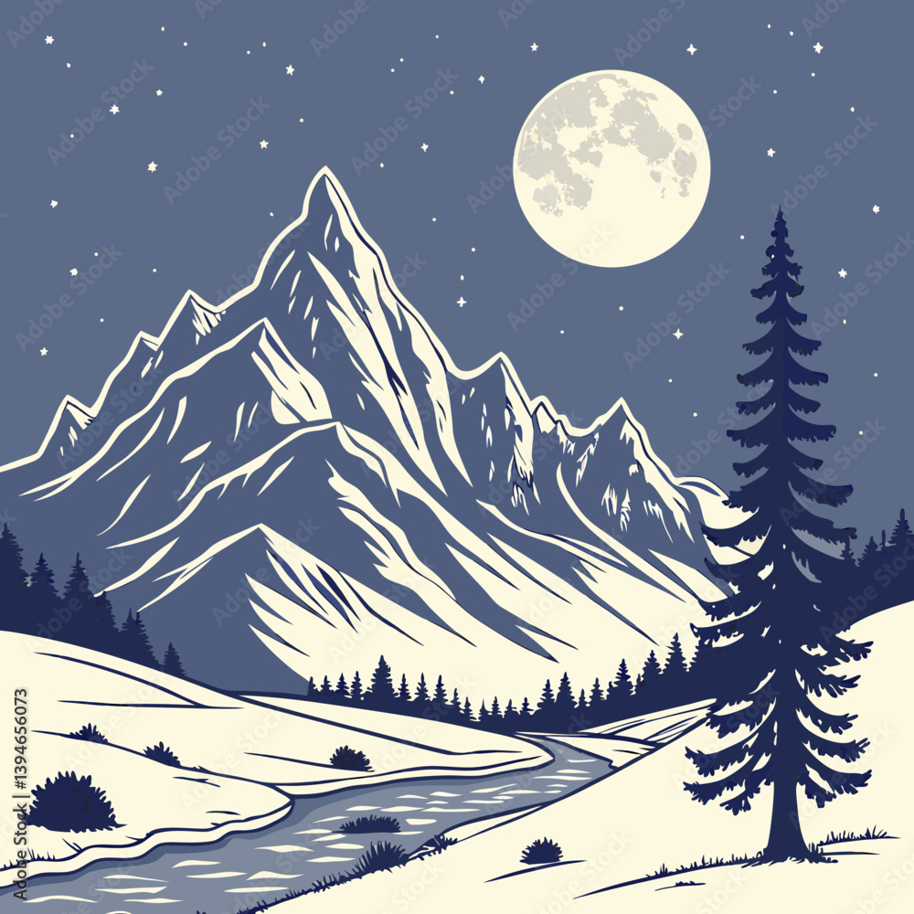 Fototapeta premium Winter Landscape With Mountains Serene Snowy Peaks Under Moonlight – Peaceful Winter Mountain Landscape Vector Art