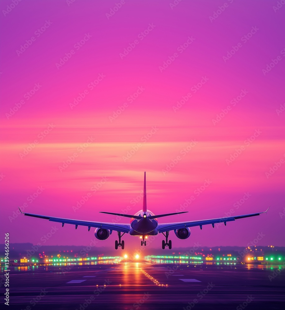 Airplane landing at sunset with vibrant purple and pink sky over runway lights Airplane landing at sunset with vibrant purple and pink sky over runway lights