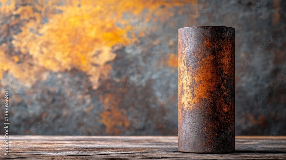 Rusty cylinder on rustic table Rusty cylinder on rustic table