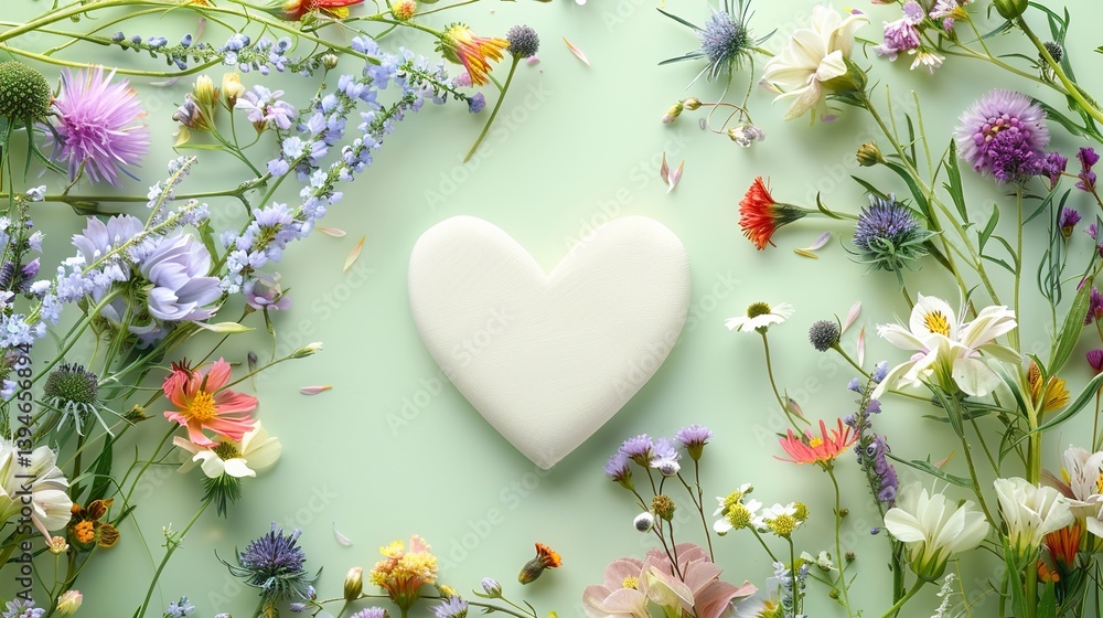 A white heart shape in the center encircled by colorful wildflowers on a pale green background. HD 8K wallpaper Photographic Image
A white heart shape in the center encircled by colorful wildflowers on a pale green background. HD 8K wallpaper Photographic Image