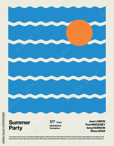 Summer Party Poster Template with Wavy Pattern and Sun. Minimal design abstract eps10 illustration. Printable File