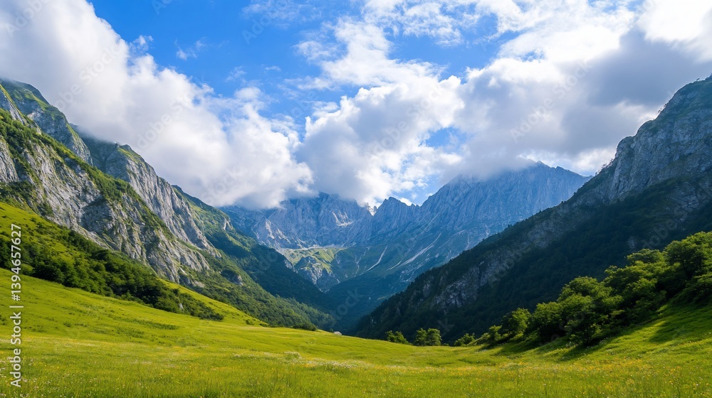 Fototapeta premium Serene Mountain Valley Landscape Under a Summer Sky