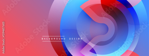 Abstract design features overlapping translucent circles. Colors blend from red, purple to blue creating dynamic visual effect. Modern background suitable for various projects.