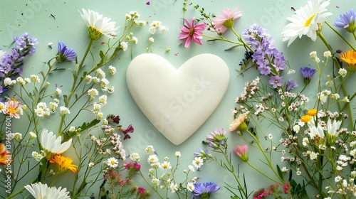 Wallpaper Mural A white heart shape in the center encircled by colorful wildflowers on a pale green background HD 8K wallpaper Photographic Image
 Torontodigital.ca