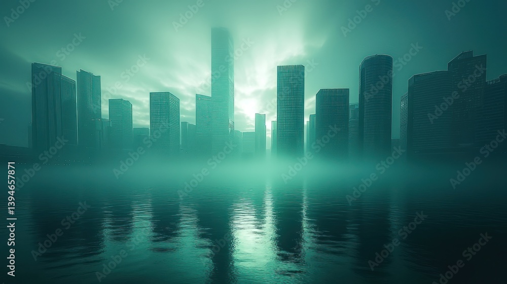 Fototapeta premium Misty city skyline at dawn
