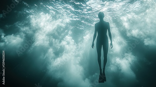 Person underwater, silhouette, deep sea
