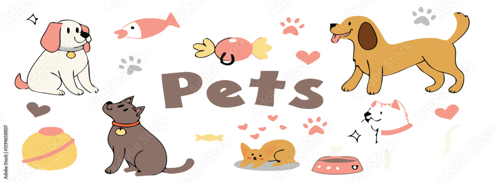 Obraz premium Cute Cartoon Cats and Dog Playing in Park with Toys and Paw Prints – Fun Animal Friends Clipart for Kids and Pet Designs. Cute Cartoon Dogs and Animals Celebration Set – Pet Care, Friendship.