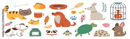 Cute Cartoon Cats and Dog Playing in Park with Toys and Paw Prints – Fun Animal Friends Clipart for Kids and Pet Designs. Cute Cartoon Dogs and Animals Celebration Set – Pet Care, Friendship.