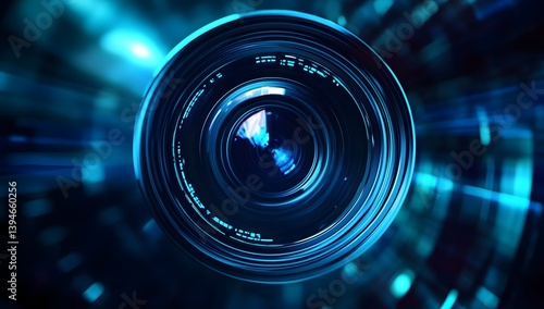 Camera lens close-up with blue light effects and bokeh background.