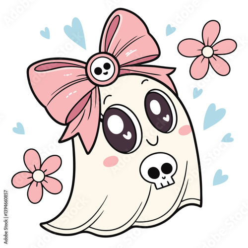Cute Pink Halloween Ghost Girl with Bow Vector Illustration