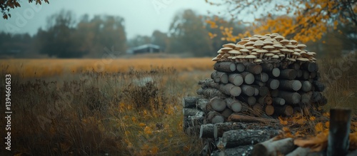 Mushroom-covered log pile in autumn landscape with golden foliage