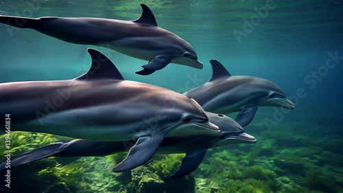Dolphin in the water, a school of dolphins underwater
