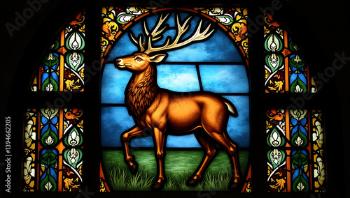 Regal Stag in Blue-Background Stained Glass Art