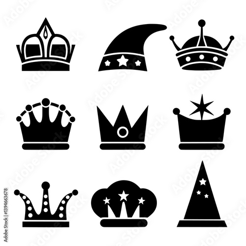 Vector illustration set of various crowns and hats for kings queens wizards and jester