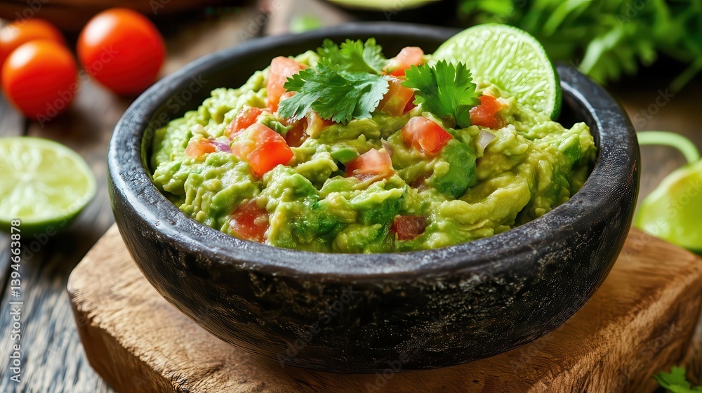 Guacamole with tomatoes, cilantro, lime, and onion in molcajete Guacamole with tomatoes, cilantro, lime, and onion in molcajete