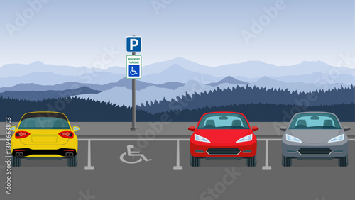 Car Parking and Disabled Parking Area. Parked Vehicles in Front and Rear (Back) Views. Flat Vector Illustration 