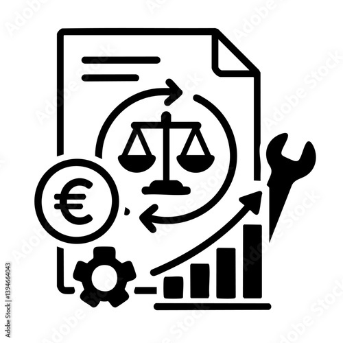 icon shows financial balance, euro costs, legal regulation, technical tools, and data trends focused on growth, maintenance, and economic adjustment.