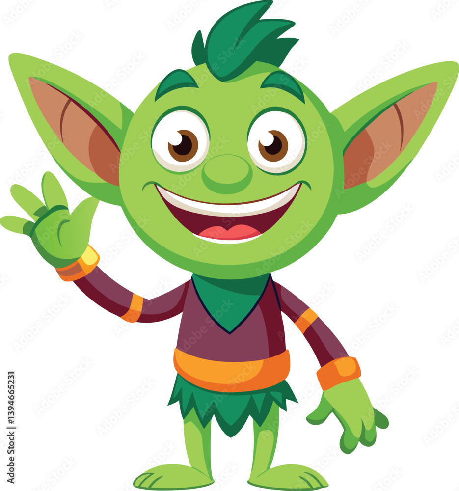 Fototapeta premium Cheerful cartoon goblin character waving hand and smiling. Friendly fantasy creature with green skin and big ears. Fun flat style illustration for kids' games, books, stickers, or character design. Is