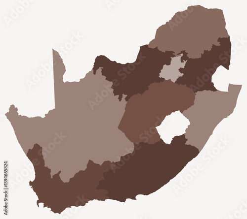 Map of South Africa with regions. Just a simple country border map with region division. Brown color palette. Flat South Africa shape with administrative division. Vector illustration.