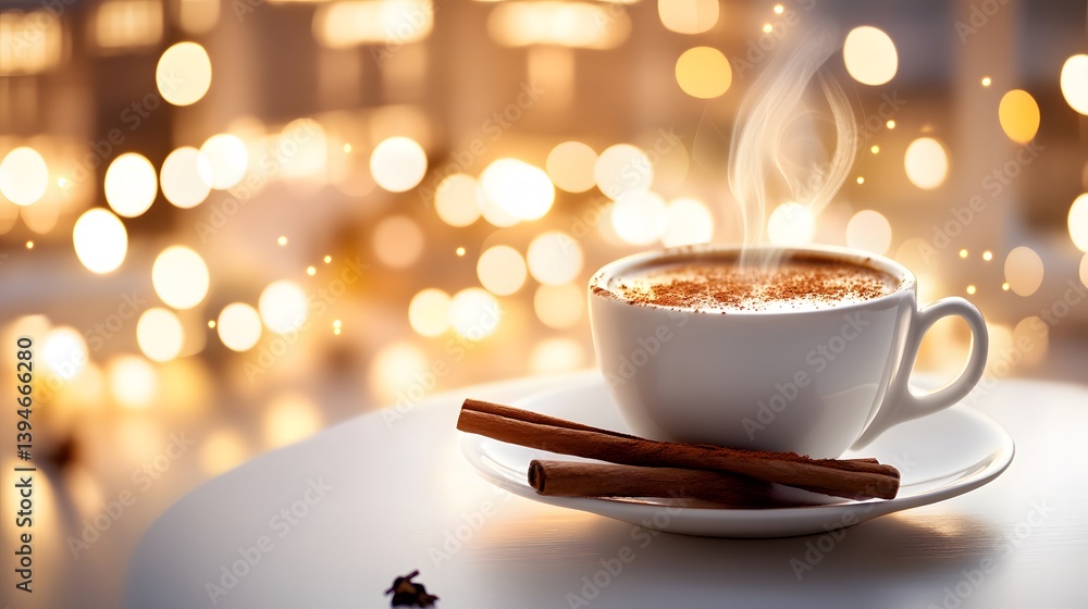 Fototapeta premium Warm Cozy Cinnamon Coffee Cup Winter Lights