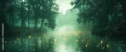 Misty forest river glowing