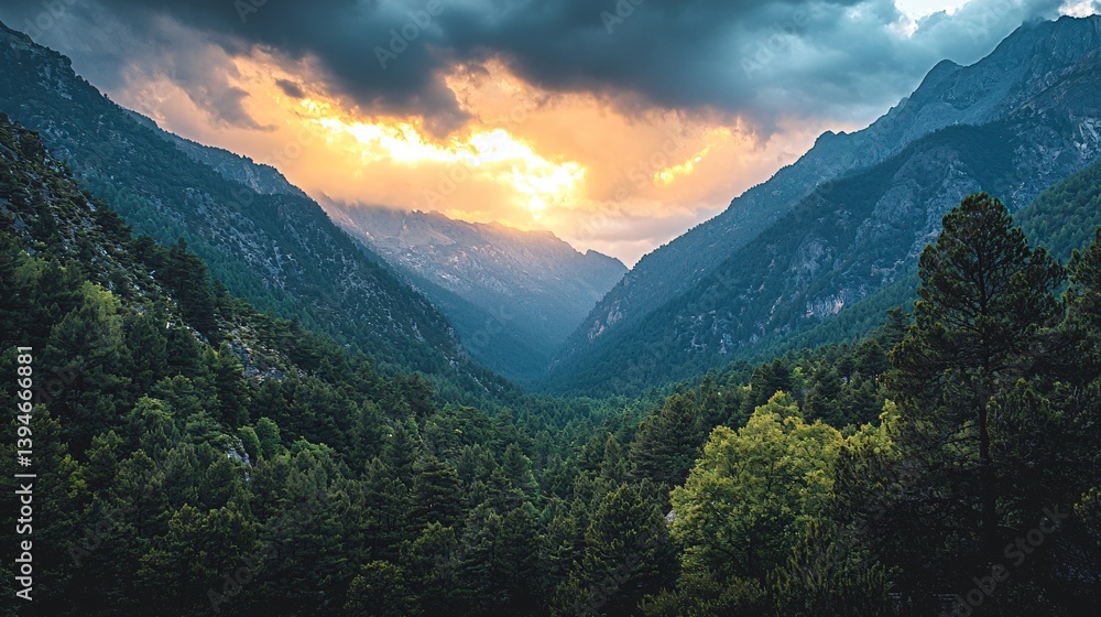 Obraz premium Breathtaking Sunset Over Lush Mountain Valley Surrounded by Dense Forests and Vibrant Colors