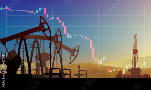 Pumpjack on oil price chart, financial data. Falling price. Land crude oil drilling rig, derrick, pump jack. Price per barrel. Onshore production, industry, business. Silhouette, desert. Vector