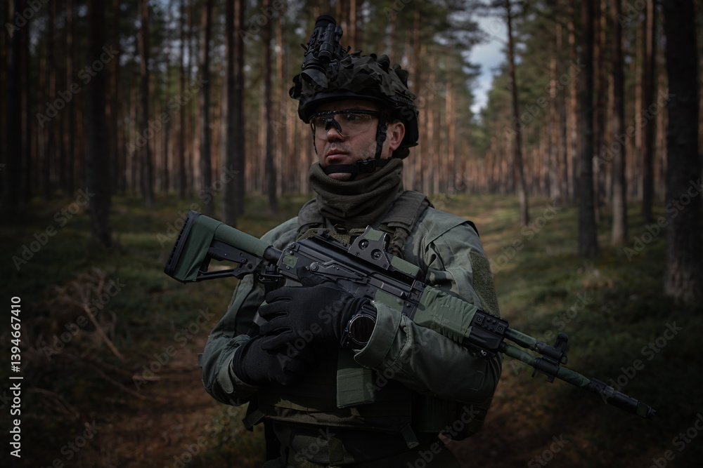 Fototapeta premium Modern, fully equipped soldier with a rifle and night vision device stands guard in the forest.