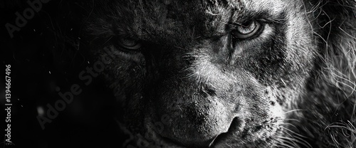 Lion's fierce gaze in monochrome