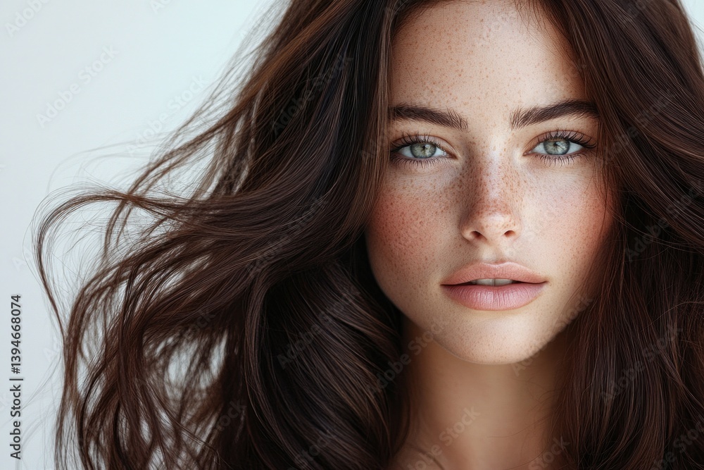 Naklejka premium A beautiful woman with long dark brown hair showcases radiant skin and captivating green eyes, exuding confidence in a peaceful environment