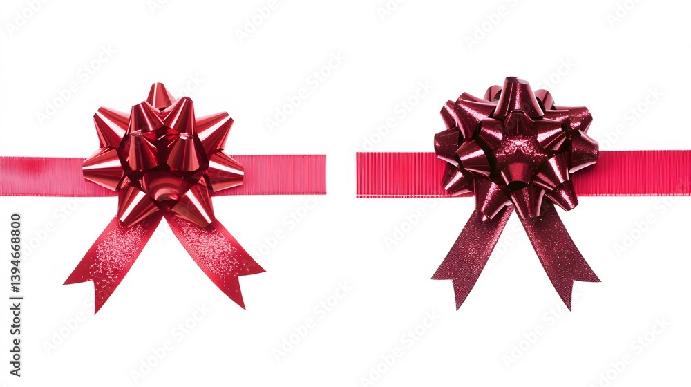 Red Glitter Bows on Red Ribbon Gift Decoration Red Glitter Bows on Red Ribbon Gift Decoration