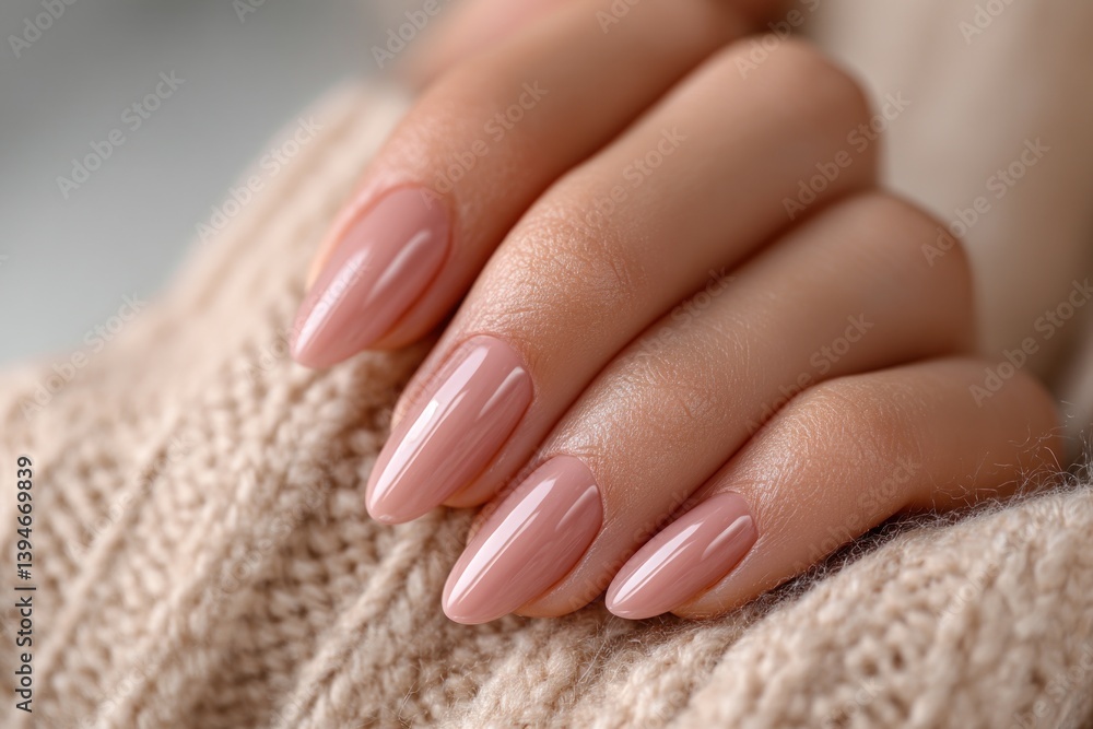 Naklejka premium Well-manicured female hands display beautiful almond-shaped nails painted in soft pink polish, highlighting elegance and care in a cozy setting
