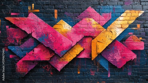 Colorful geometric graffiti on brick wall