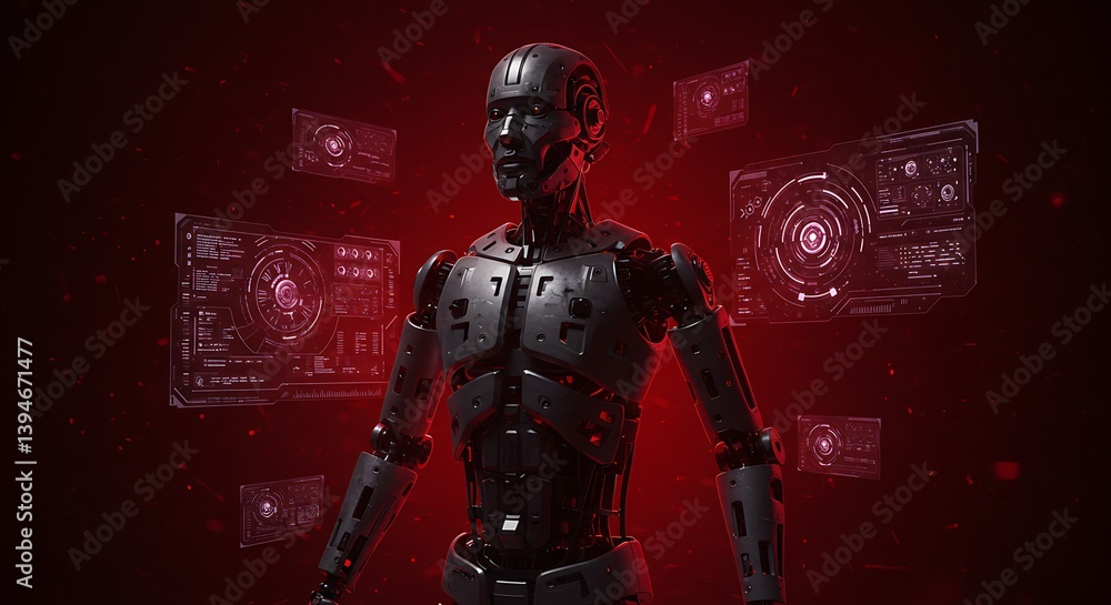 Fototapeta premium Metallic Robot with Red Digital Interface