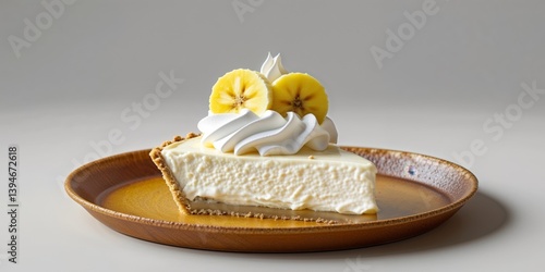 Delicious Slice of Banana Cream Pie Topped with Whipped Cream on a Brown Plate with Golden Crust and Yellow Bananas