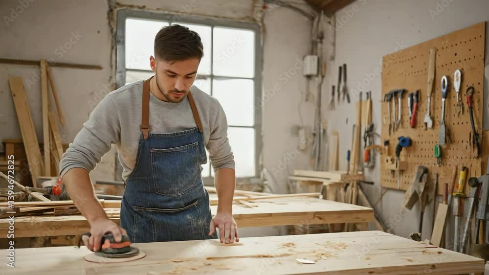 Young carpenter sanding wood in his workshop Young carpenter sanding wood in his workshop