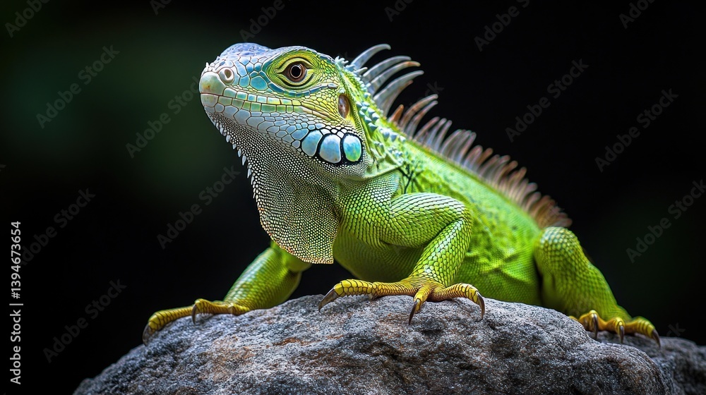 Fototapeta premium A striking green iguana rests on a rock, showcasing its colorful scales and distinctive features against a dark background, emphasizing its beauty